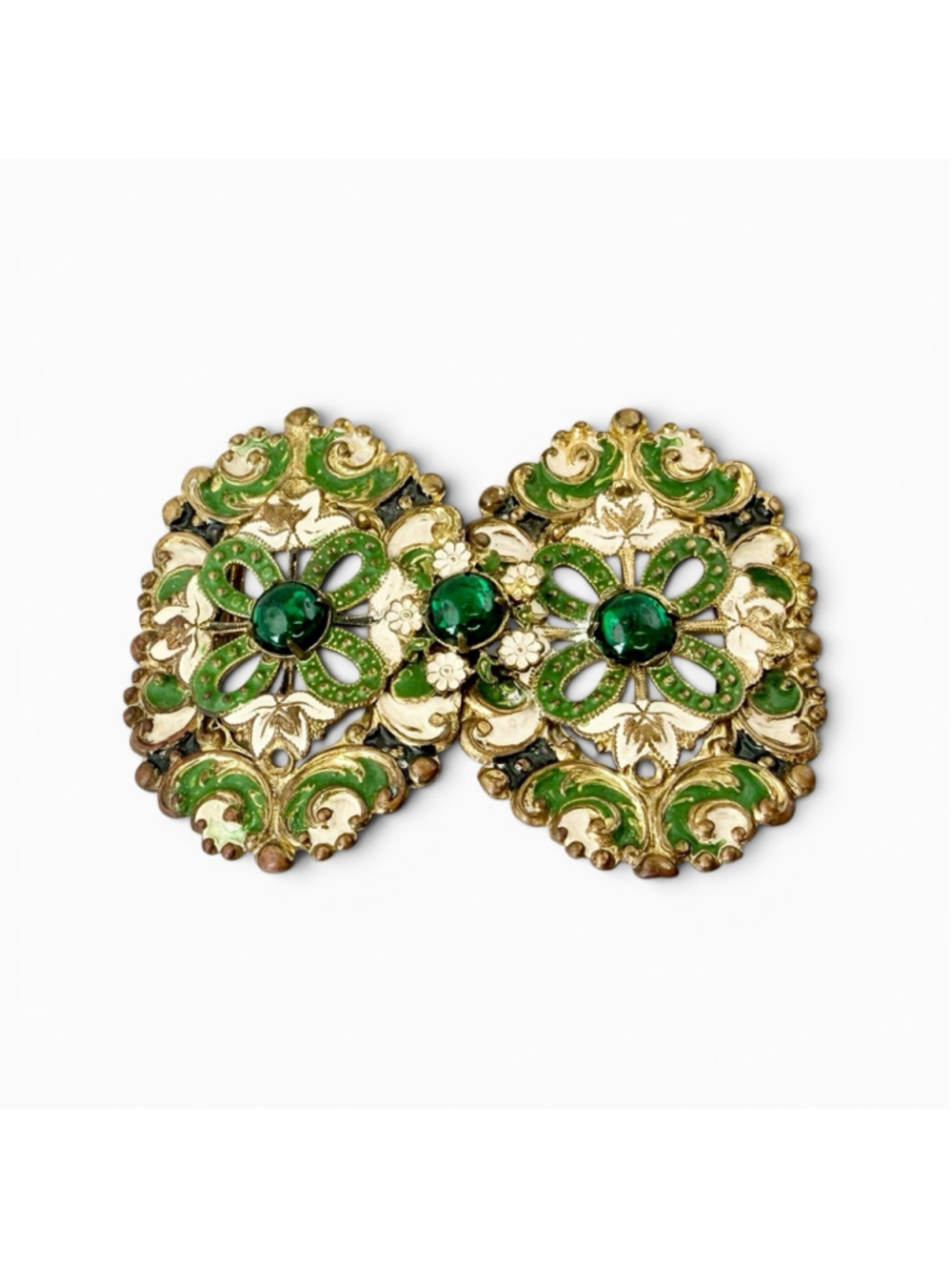 Antique Czech Art Nouveau Revival Belt Buckle Green Enamel Glass Cabochons